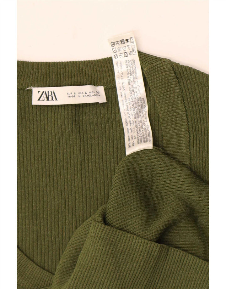 Top feminino Zara de manga comprida UK 14 grande viscose cáqui