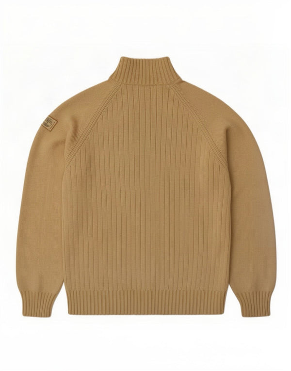 Suéter masculino Timberland de ajuste solto com zíper e gola pequena de algodão bege