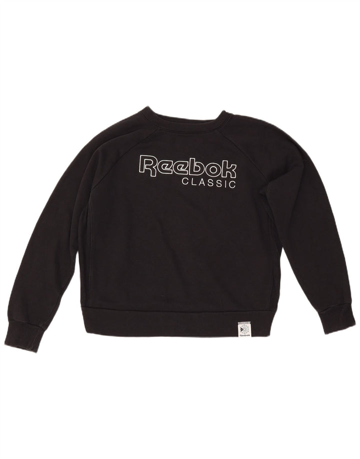 REEBOK feminino gráfico moletom jumper UK 14 médio algodão preto