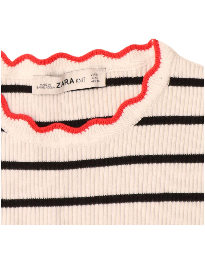 Suéter feminino Zara com gola redonda e gola redonda, 10 listrado branco pequeno