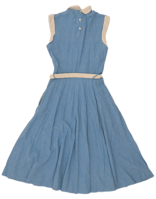 Vestido maxi feminino vintage sem mangas Reino Unido 10 pequeno azul guingão