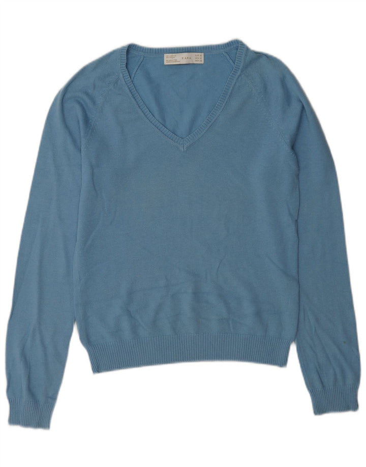 Suéter feminino Zara com decote em V Reino Unido 12 algodão azul médio