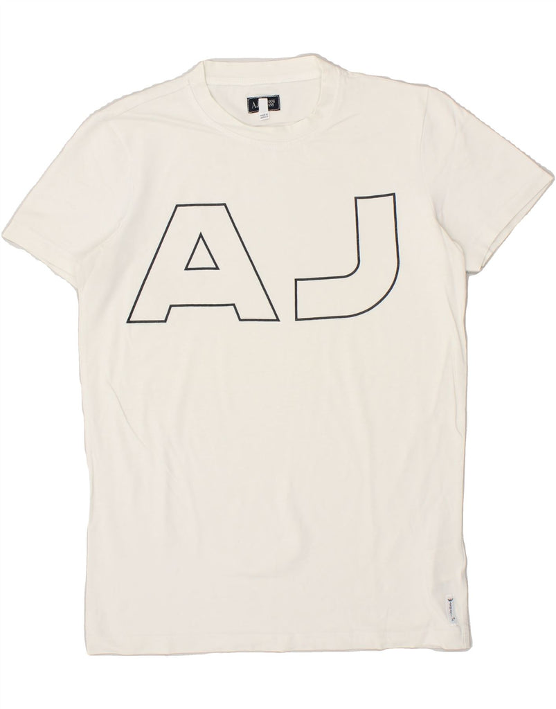 ARMANI Womens Graphic T-Shirt Top UK 10 Small White Cotton | Vintage Armani | Thrift | Second-Hand Armani | Used Clothing | Messina Hembry 