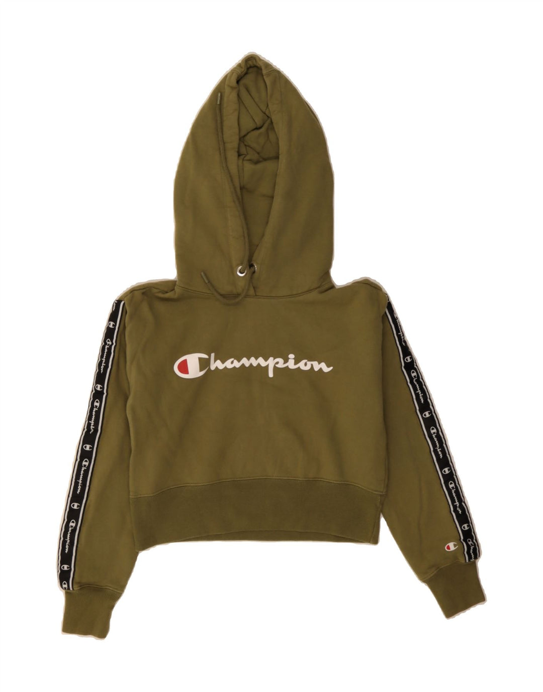 CHAMPION Womens Oversized Crop Graphic Hoodie Jumper UK 6 XS Khaki Cotton Vintage Champion and Second-Hand Champion from Messina Hembry 
