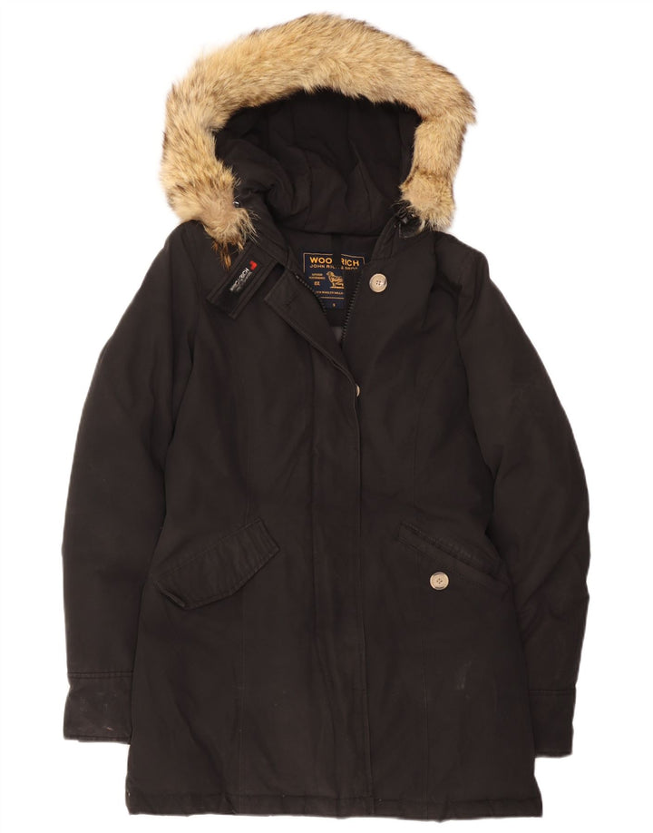 Jaqueta feminina acolchoada com capuz Woolrich UK 10 algodão preto pequeno