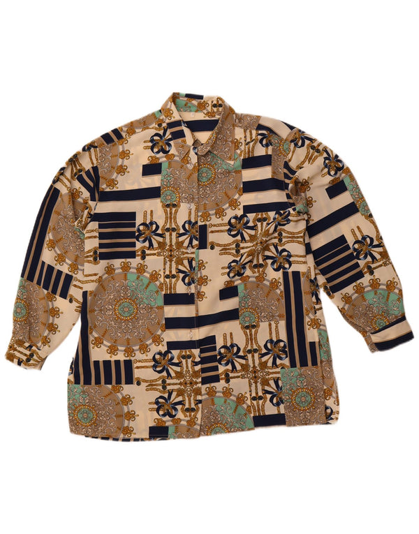 Blusa feminina vintage com estampa abstrata grande tamanho Reino Unido 10 pequena bege