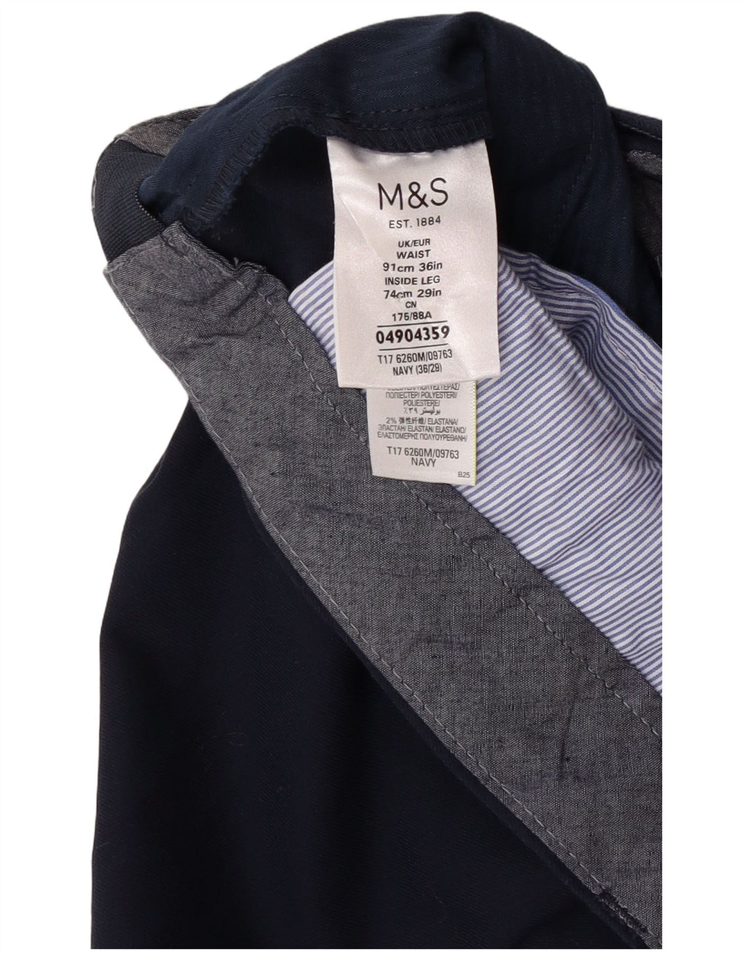 Calça masculina de terno reto Marks & Spencer W36 L27 poliéster azul marinho