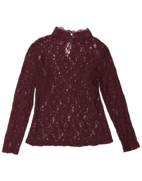Blusa feminina de renda de manga comprida Oasis Reino Unido 12 médio Borgonha floral