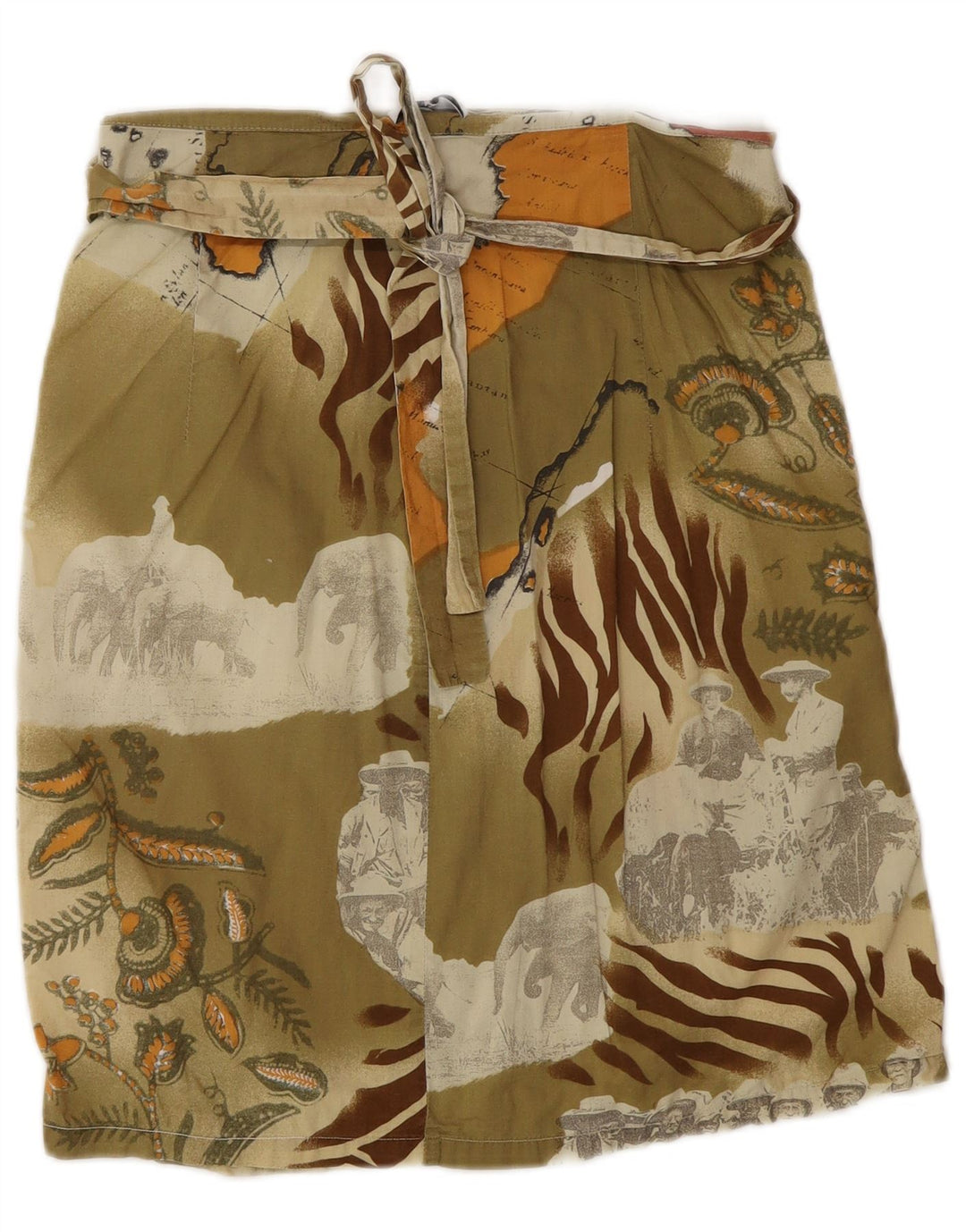 Saia feminina Marella UK 14 médio W26 cáqui patchwork algodão
