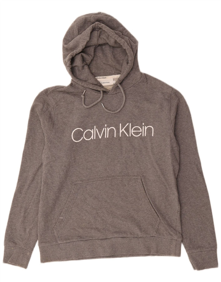 Suéter com capuz gráfico masculino Calvin Klein algodão cinza médio