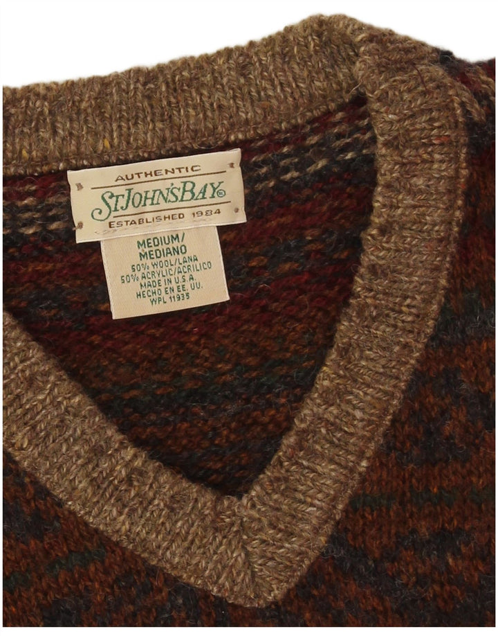 Suéter masculino St John's Bay com decote em V, médio bege, lã Fair Isle