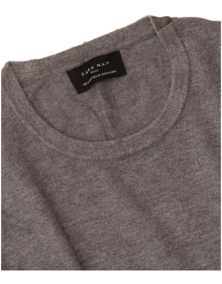 ZARA Suéter masculino com gola redonda pequeno cinza