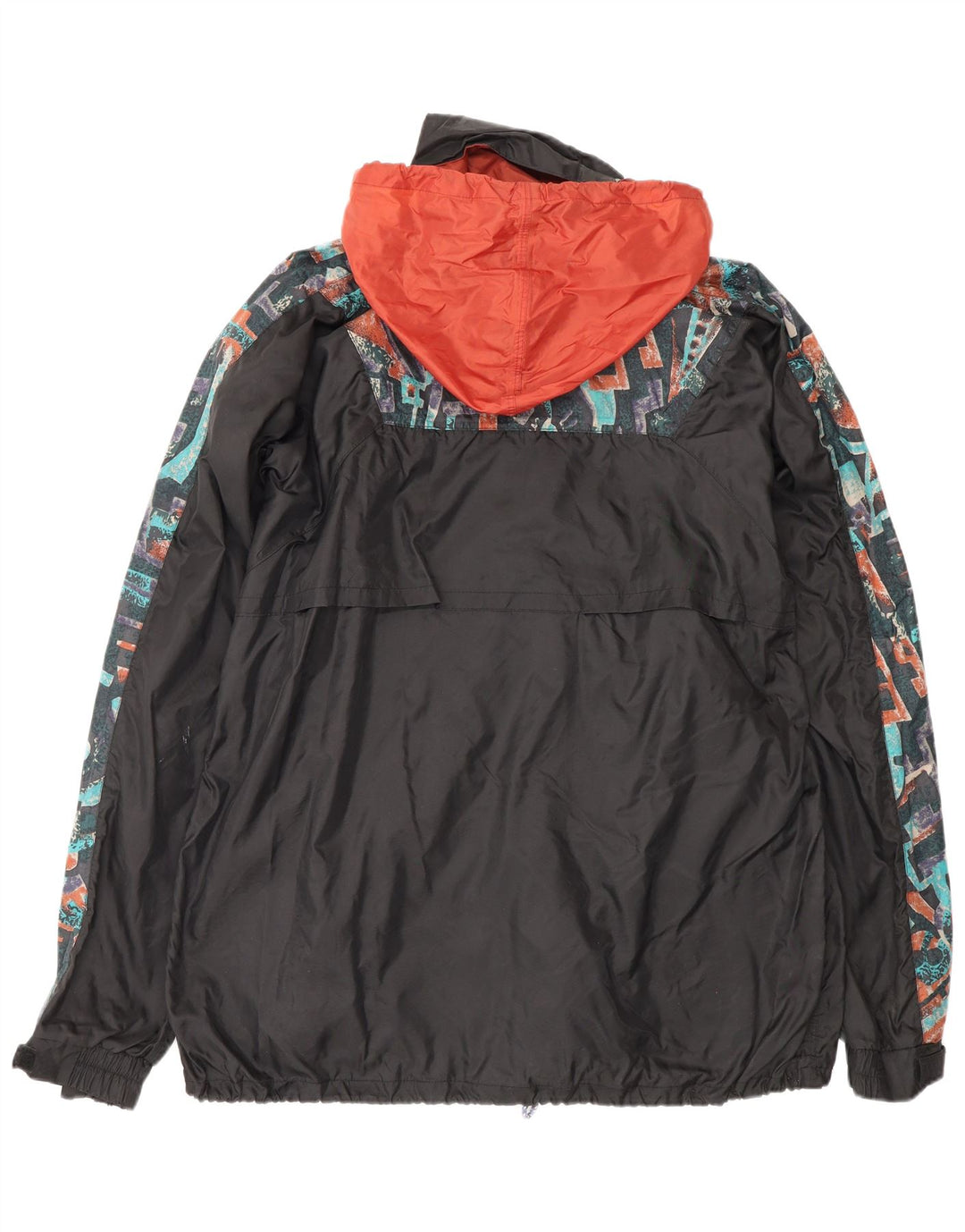 Jaqueta de chuva vintage masculina com capuz Anorak UK 38 médio preto geométrico