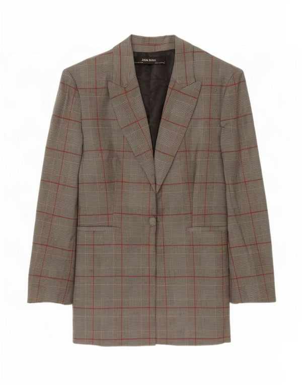 Jaqueta blazer feminina Zara com 1 botão Reino Unido 12 poliéster xadrez cinza médio
