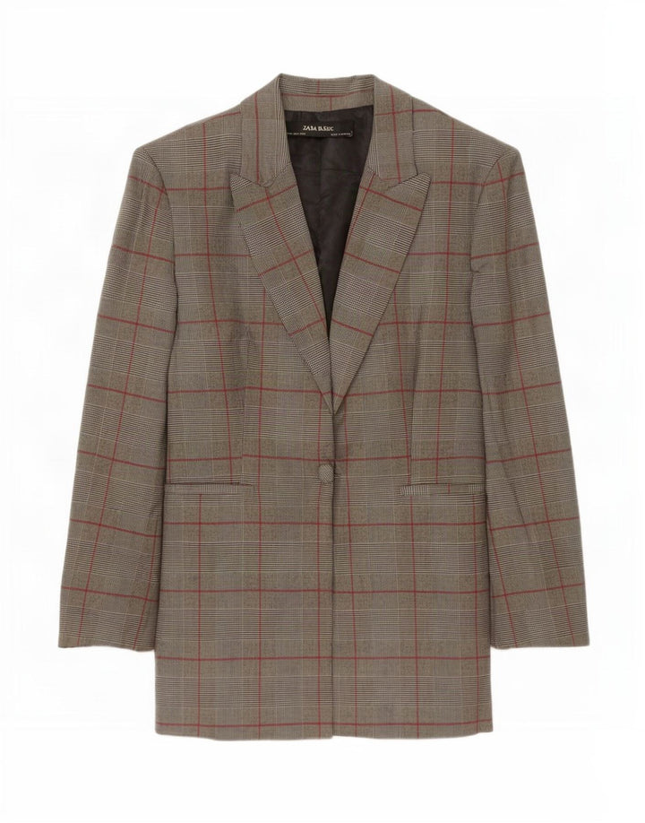 Jaqueta blazer feminina Zara com 1 botão Reino Unido 12 poliéster xadrez cinza médio