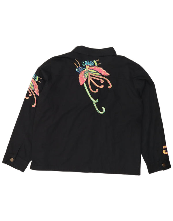 INDIGO MOON Womens Oversized Bomber Jacket UK 22 3XL Black Butterfly