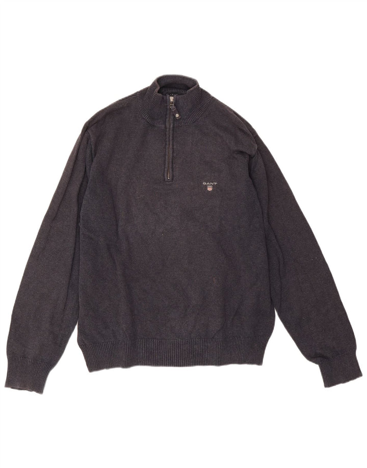 Suéter masculino Gant com zíper e gola alta, algodão manchado azul marinho médio