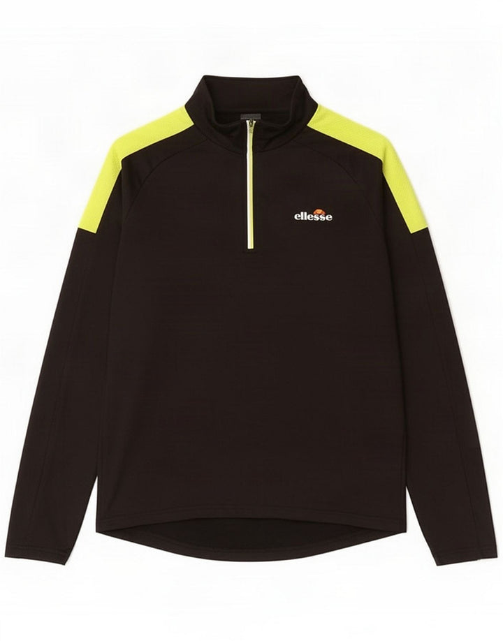 Ellesse Mens Zip Neck Pulôver Treino Top Médio Preto Colourblock