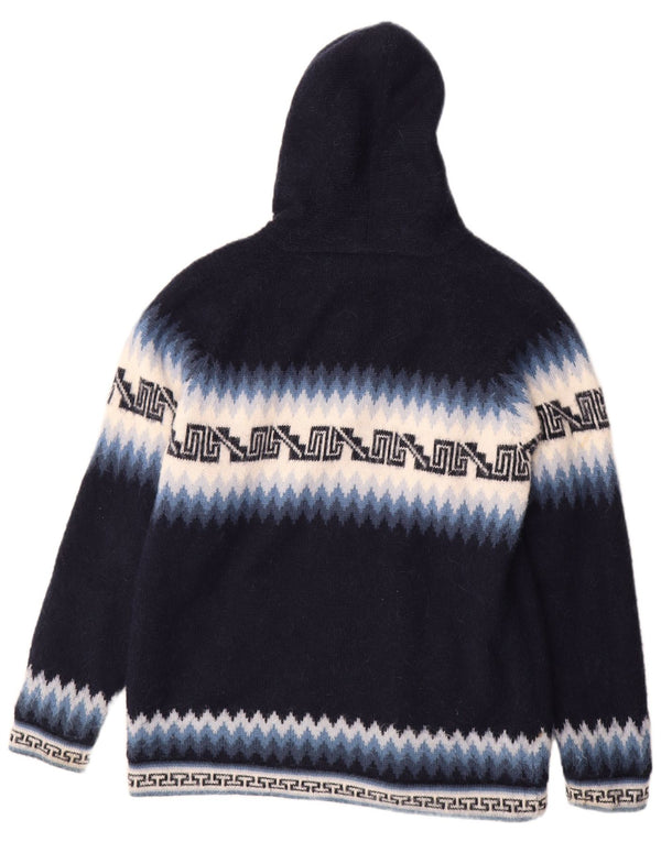 Suéter cardigã masculino vintage com capuz grande azul marinho Fair Isle Aztec