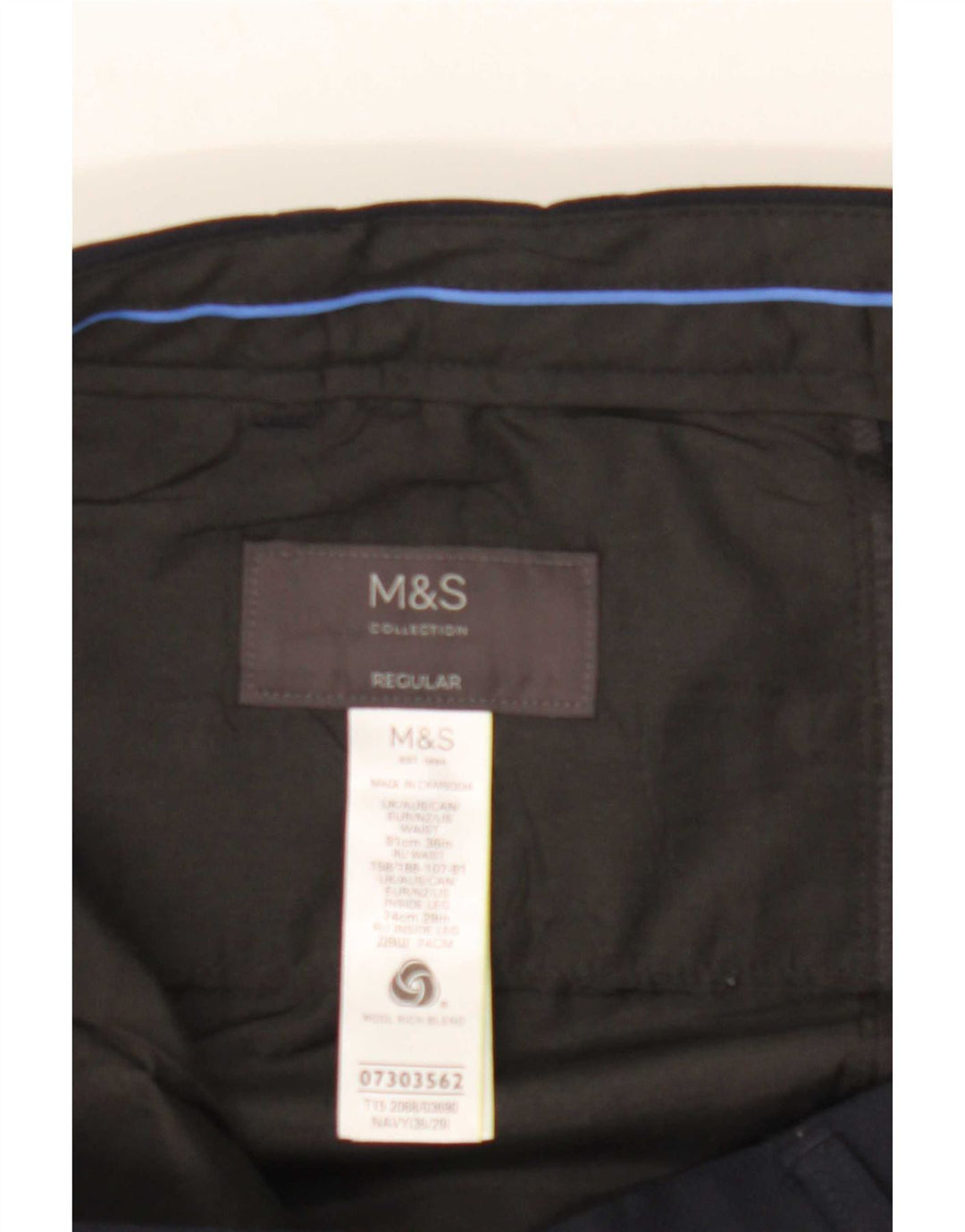 Calça masculina de terno regular Marks & Spencer W36 L29 lã azul marinho