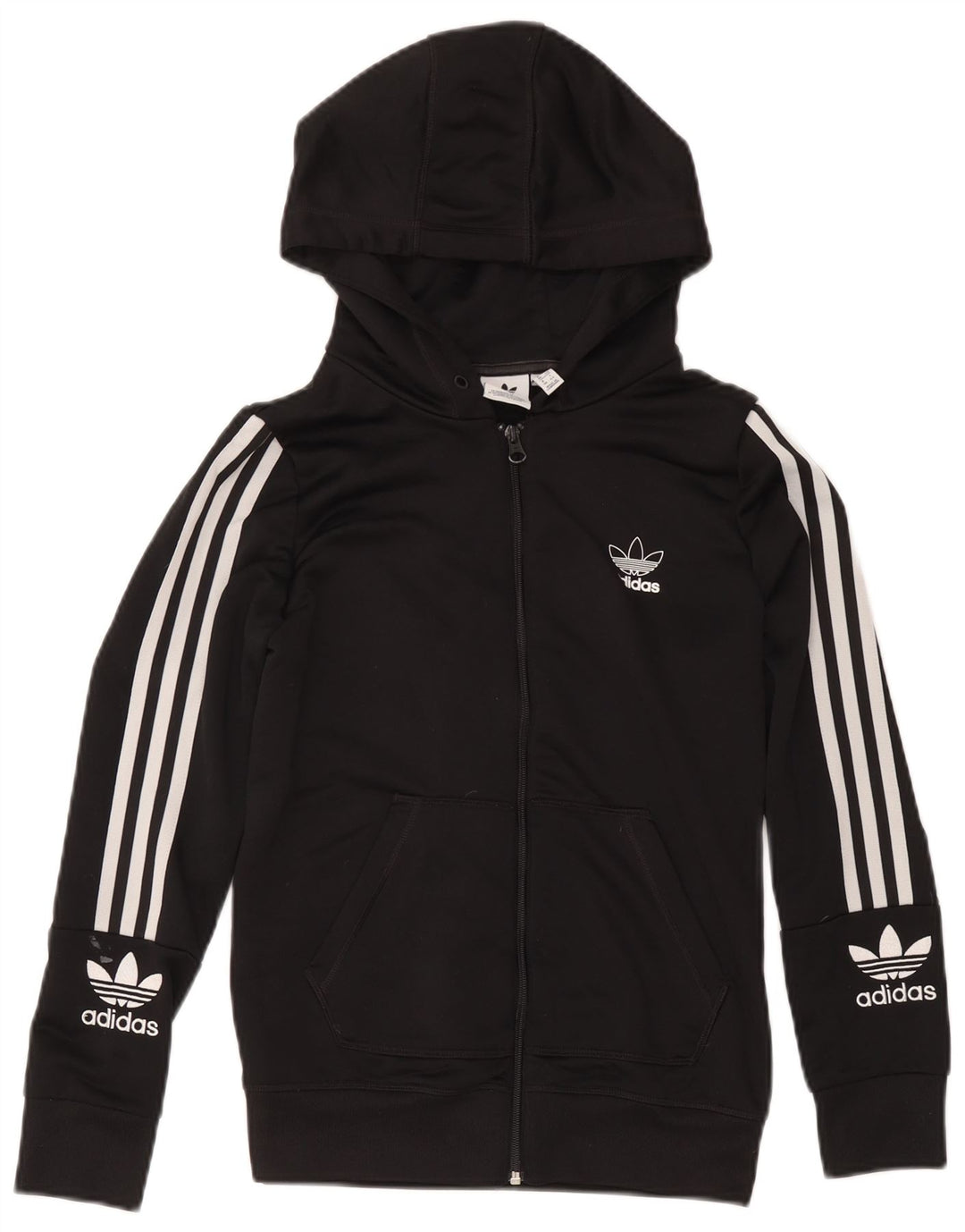 Suéter feminino Adidas com capuz e zíper gráfico UK 12 poliéster preto médio