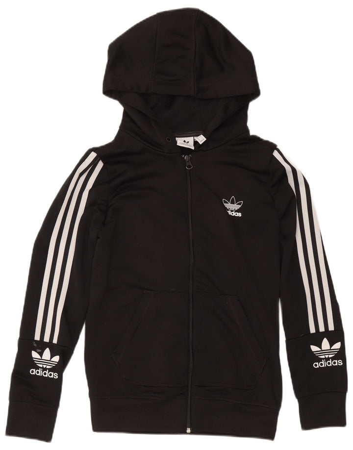 Suéter feminino Adidas com capuz e zíper gráfico UK 12 poliéster preto médio