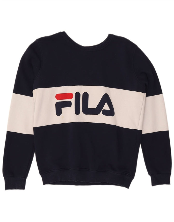 FILA feminino gráfico moletom jumper UK 12 médio azul marinho colorblock