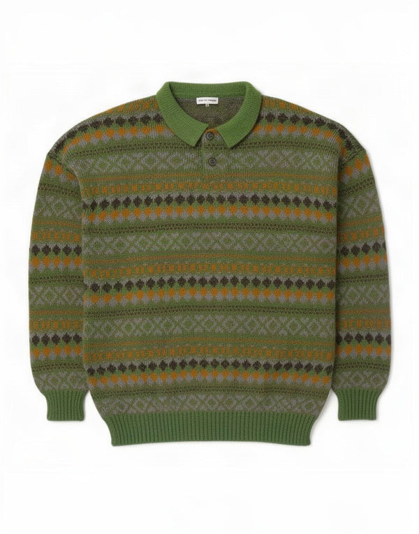 Vintage Mens Polo Neck Jumper Sweater Medium Green Fair Isle Wool