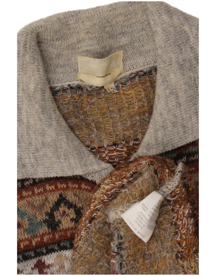 Suéter masculino VINTAGE com gola polo IT 52 grande marrom Fair Isle acrílico