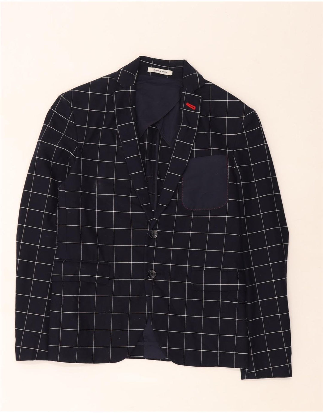 Jaqueta blazer masculina Zara com 2 botões EU 46 pequeno algodão xadrez azul marinho
