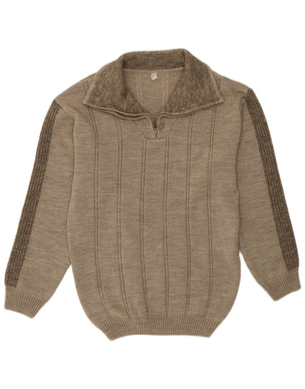 Suéter masculino vintage com decote em zíper UK 38 poliacrílico manchado cáqui médio