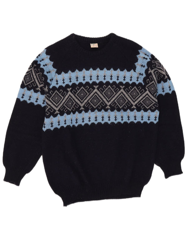 Suéter vintage masculino com gola redonda XL Azul marinho Fair Isle Acrílico