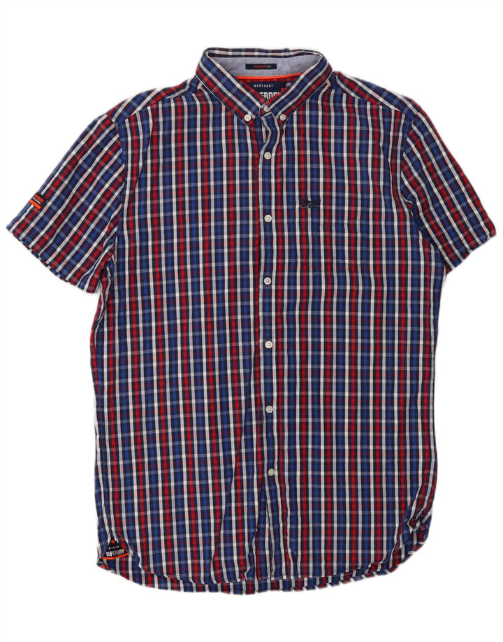 Camisa masculina SUPERDRY de manga curta com ajuste regular, algodão xadrez azul médio