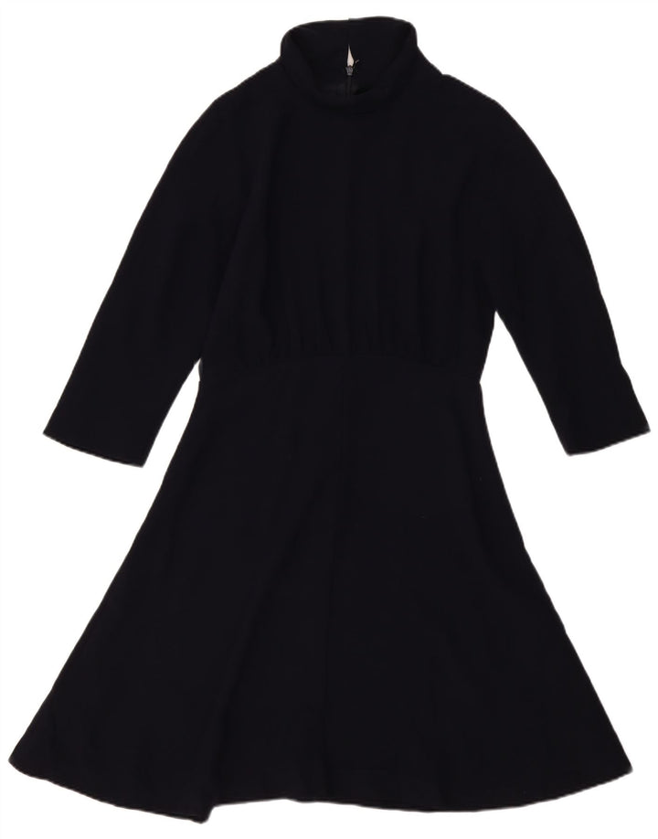 Vestido feminino Jigsaw manga 3/4 linha A UK 12 poliéster azul marinho médio