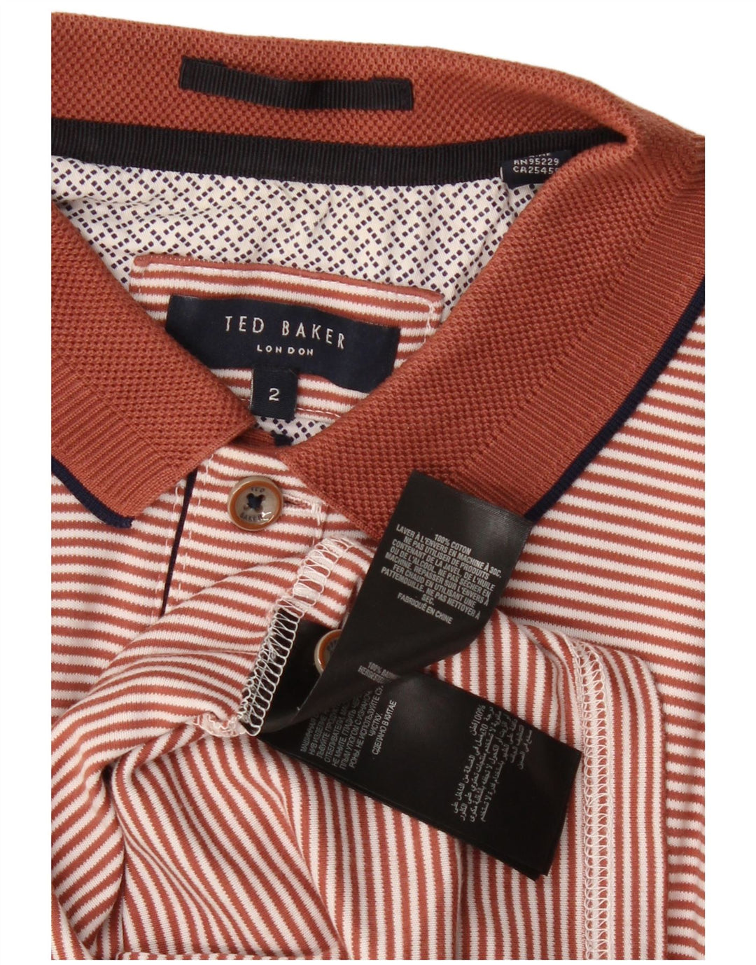 Camisa polo masculina Ted Baker tamanho 2 pequeno algodão listrado marrom