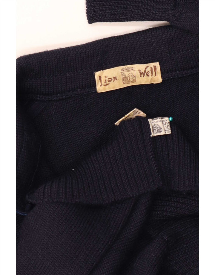 Suéter cardigã masculino vintage com zíper completo grande lã azul marinho