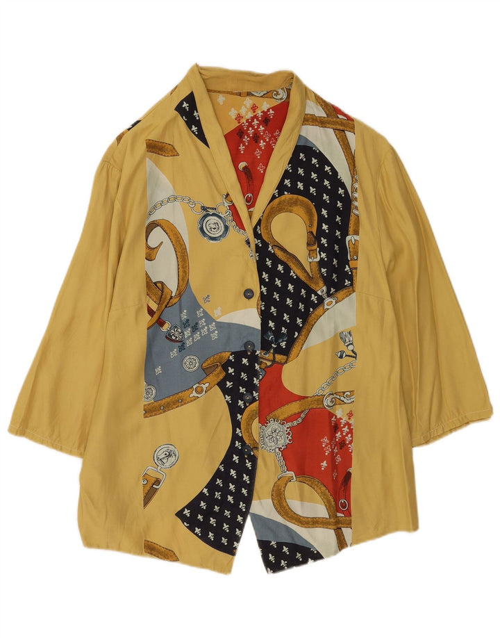 Blusa feminina vintage com estampa abstrata manga 3/4 Reino Unido 14 grande amarela