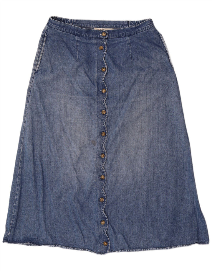 Saia jeans feminina Orvis EUA 12 grande W32 algodão azul