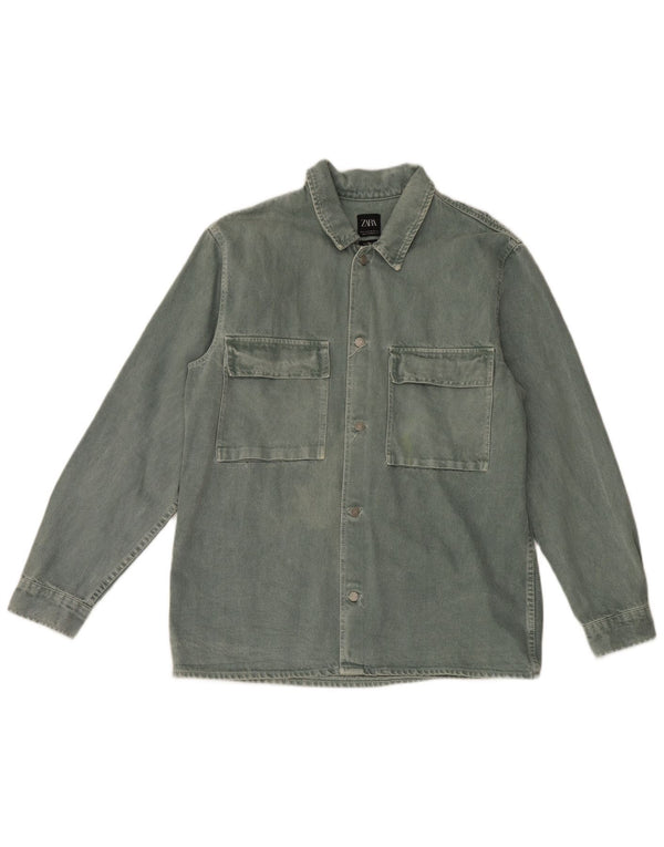 Camisa jeans masculina Zara com ajuste relaxado XL verde algodão