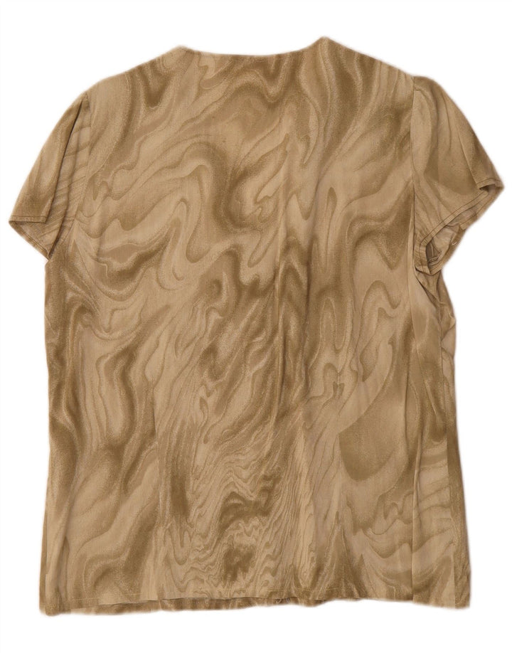Blusa feminina vintage com estampa abstrata de manga curta UK 16 grande cáqui
