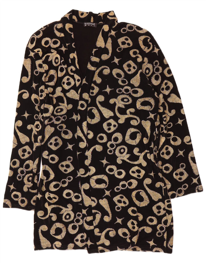 Jaqueta blazer longa feminina com padrão abstrato vintage Reino Unido 18 XL preto retrô