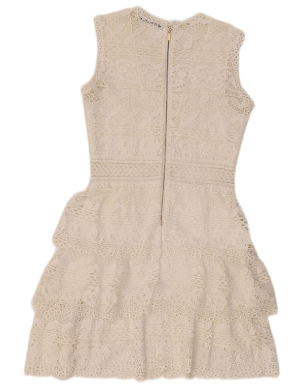 Guess Vestido feminino sem mangas com renda em camadas UK 12 poliéster branco médio
