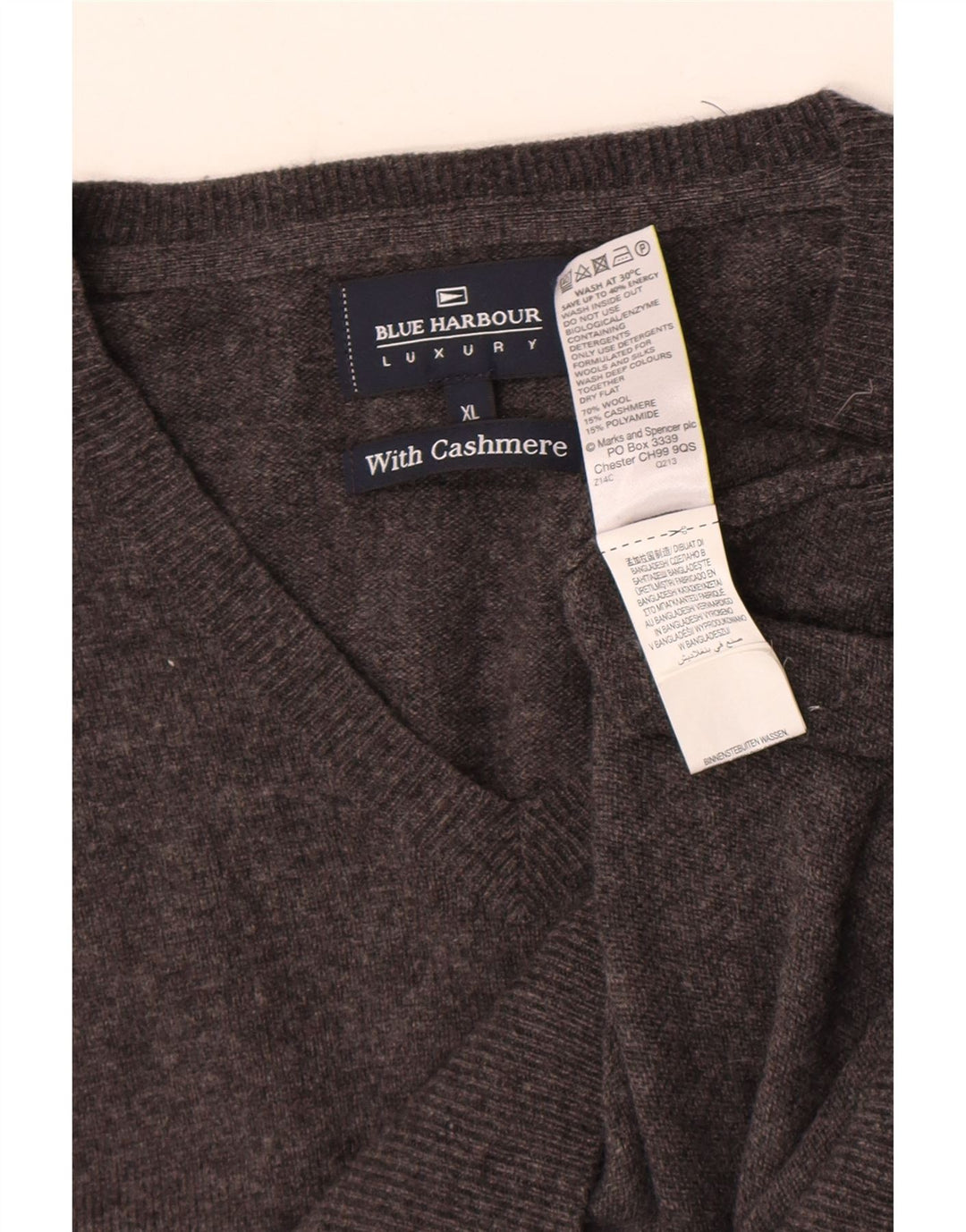 Suéter masculino Marks & Spencer Blue Harbor com decote em V XL lã cinza