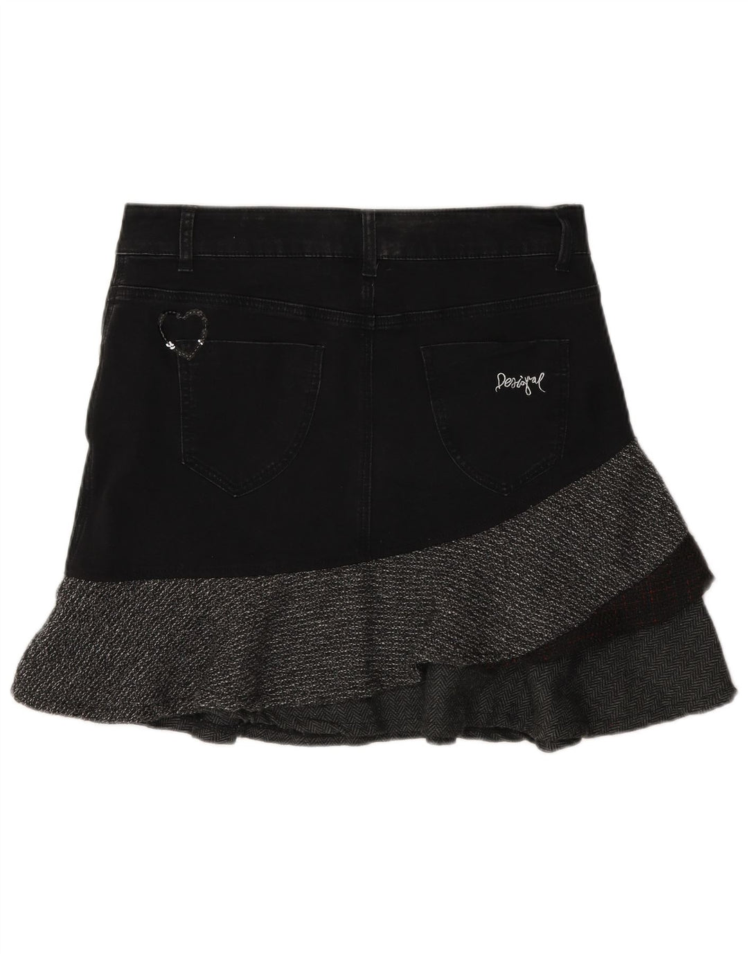 Saia jeans assimétrica feminina Desigual EU 40 médio W30 espinha de peixe cinza