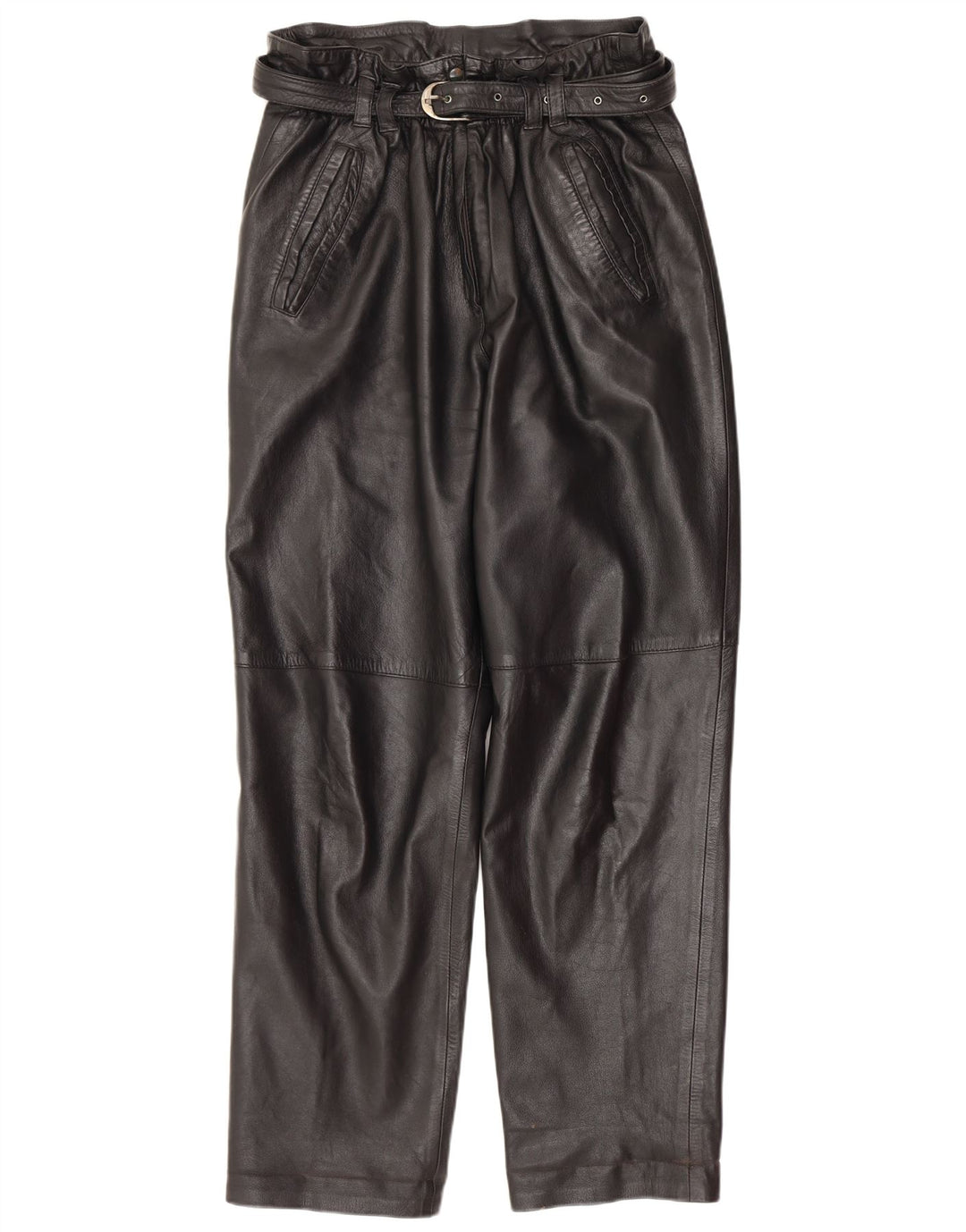 Calça feminina vintage de couro reto IT 42 médio W30 L30 preta