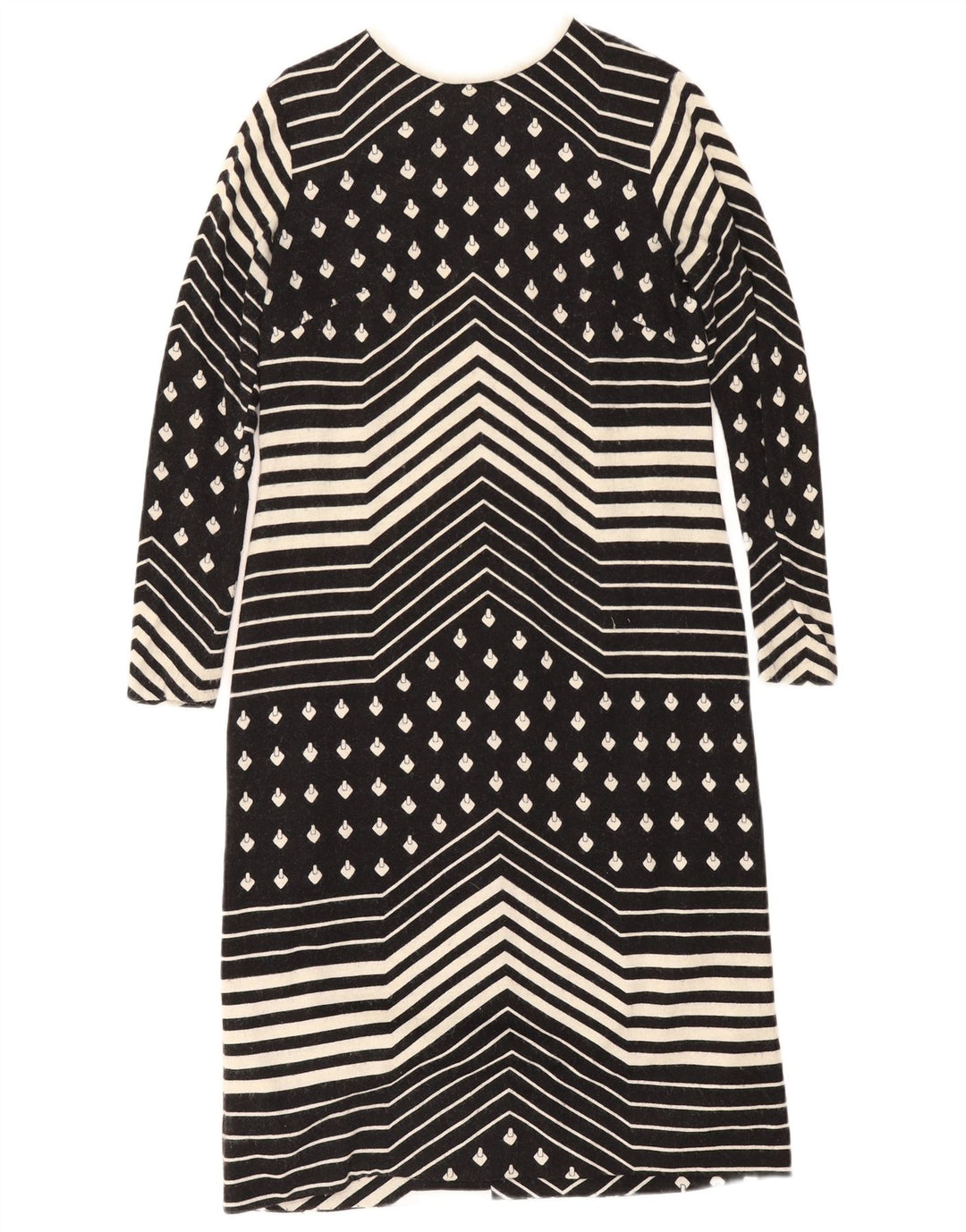 Vestido feminino vintage de manga comprida UK 12 médio preto geométrico