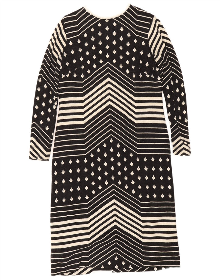 Vestido feminino vintage de manga comprida UK 12 médio preto geométrico