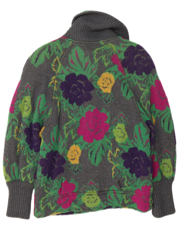Suéter cardigã feminino vintage Reino Unido 16 grande cinza floral