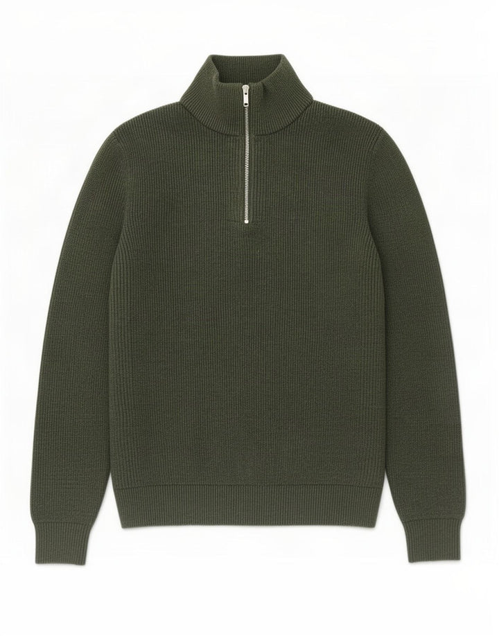Suéter masculino Marks & Spencer com zíper e gola grande de poliéster cáqui
