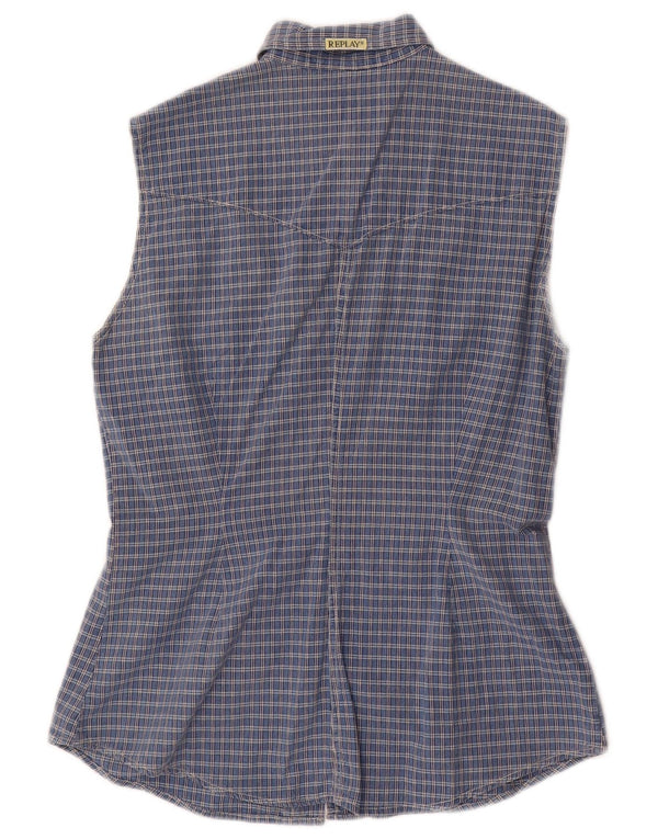 Camisa feminina sem mangas Replay UK 18 XL azul xadrez algodão